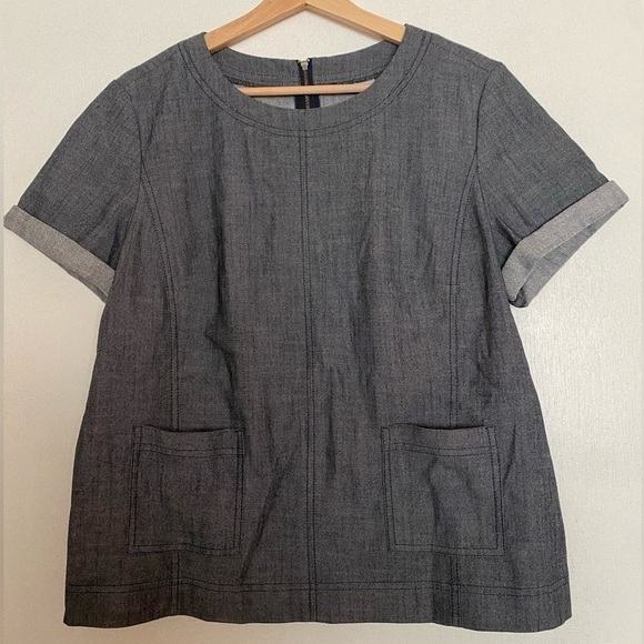 DENIM HALOGEN TOP WITH ROLLED SHORT SLEEVES AND ZIPPER BACK - Picture 1 of 5